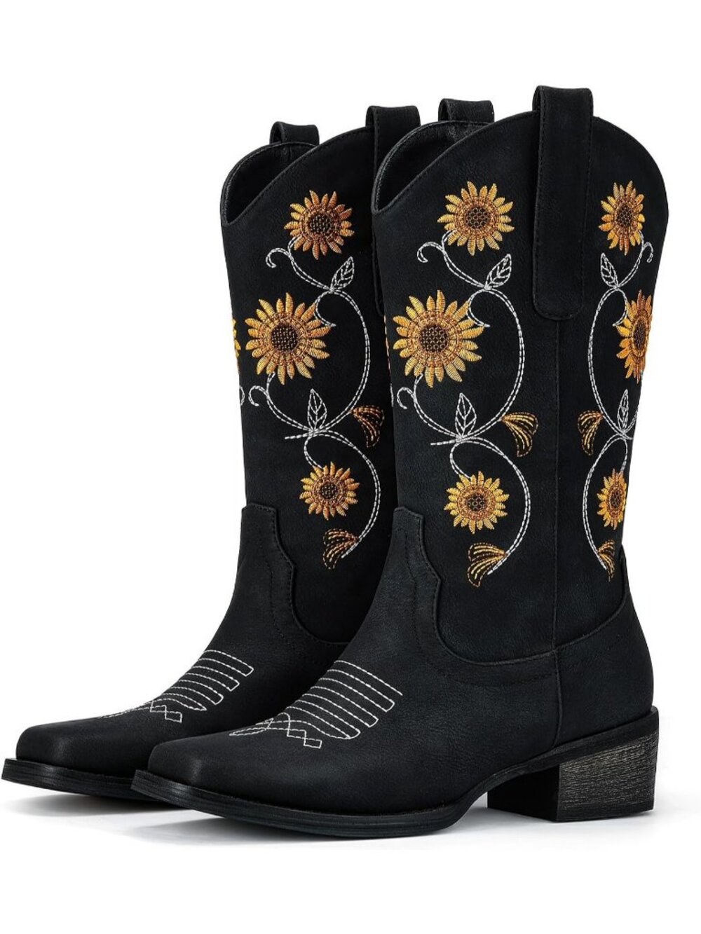 Women's Black Sunflower Mid Calf Embroidered Western Square Toe Cowboy Boot - Picture 5 of 6